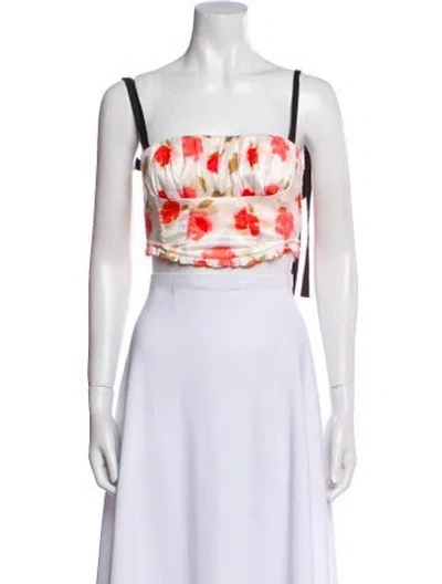 Pre-owned For Love & Lemons Floral Print Square Neckline Crop Top In White