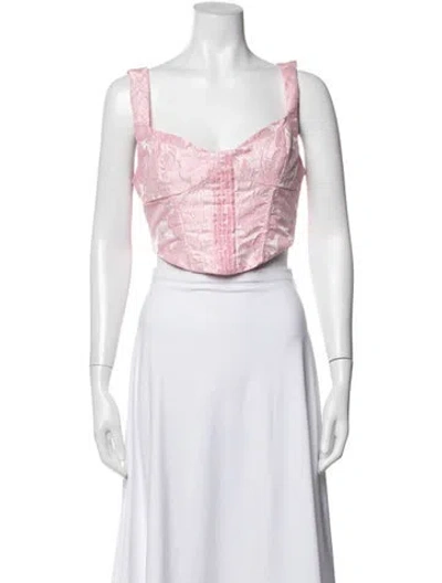 Pre-owned For Love & Lemons Floral Print Square Neckline Crop Top In White