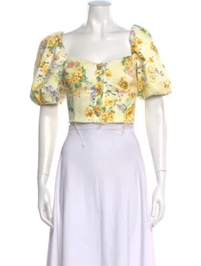 Pre-owned For Love & Lemons Floral Print Square Neckline Crop Top In Yellow