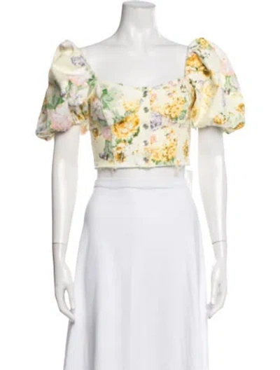 Pre-owned For Love & Lemons Floral Print Square Neckline Crop Top In Yellow