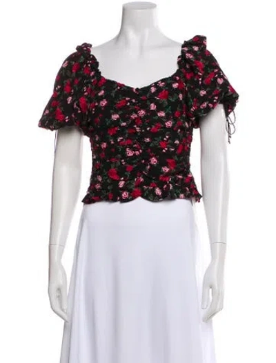 Pre-owned For Love & Lemons Floral Print Square Neckline Top In Black