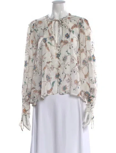 Pre-owned For Love & Lemons Floral Print Tie Neck Blouse In Neutral