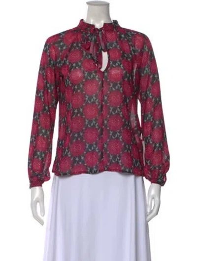 Pre-owned For Love & Lemons Floral Print Tie Neck Blouse In Red