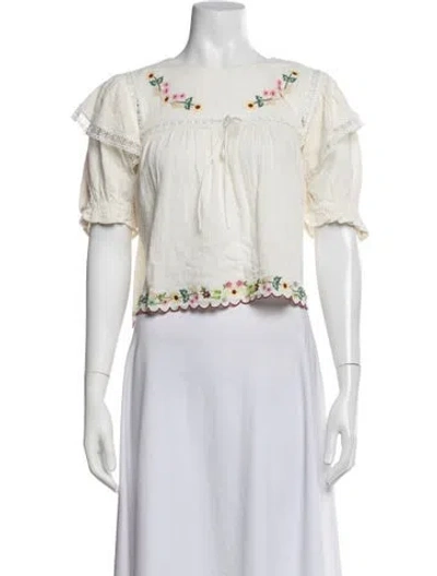 Pre-owned For Love & Lemons Floral Print Tie Neck Blouse In White