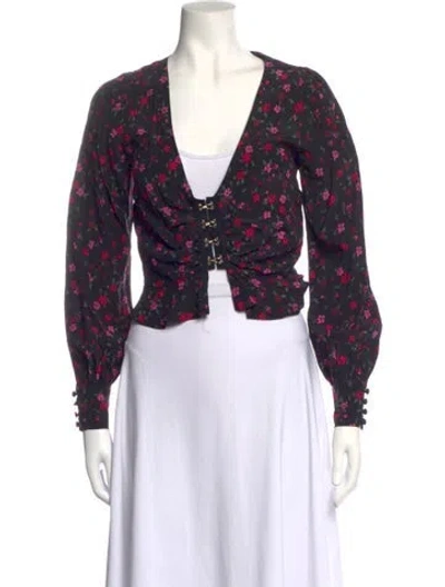 Pre-owned For Love & Lemons Floral Print V-neck Blouse In Black