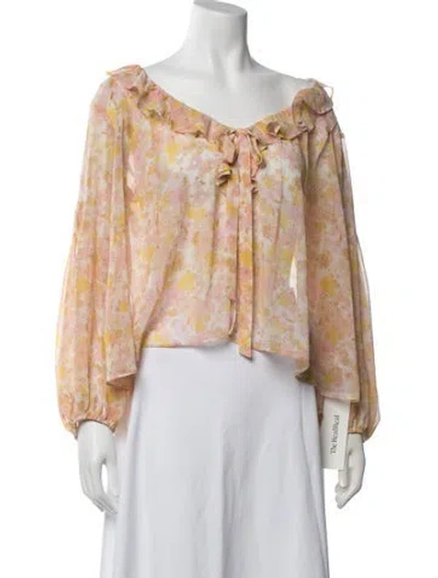 Pre-owned For Love & Lemons Floral Print V-neck Blouse In Pink