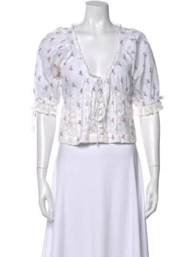 Pre-owned For Love & Lemons Floral Print V-neck Blouse In White