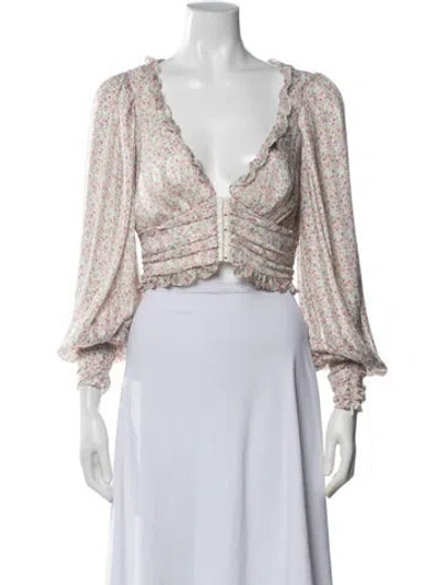 Pre-owned For Love & Lemons Floral Print V-neck Blouse In White