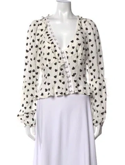 Pre-owned For Love & Lemons Floral Print V-neck Blouse In White