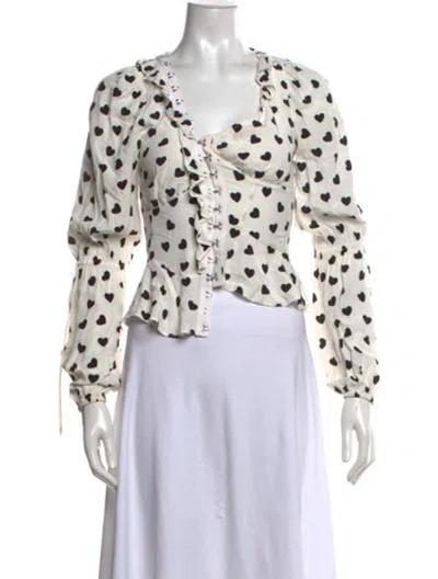 Pre-owned For Love & Lemons Floral Print V-neck Blouse In White