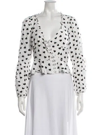 Pre-owned For Love & Lemons Floral Print V-neck Blouse In White