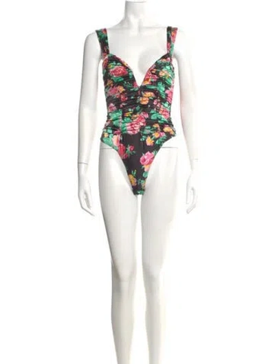 Pre-owned For Love & Lemons Floral Print V-neck Bodysuit In Black