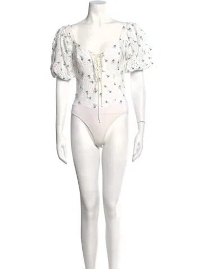 Pre-owned For Love & Lemons Floral Print V-neck Bodysuit In White