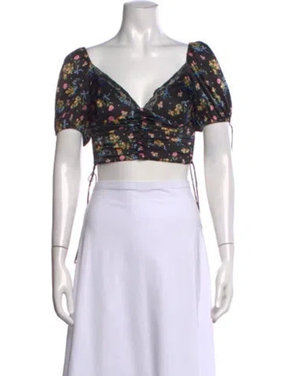 Pre-owned For Love & Lemons Floral Print V-neck Crop Top In Black