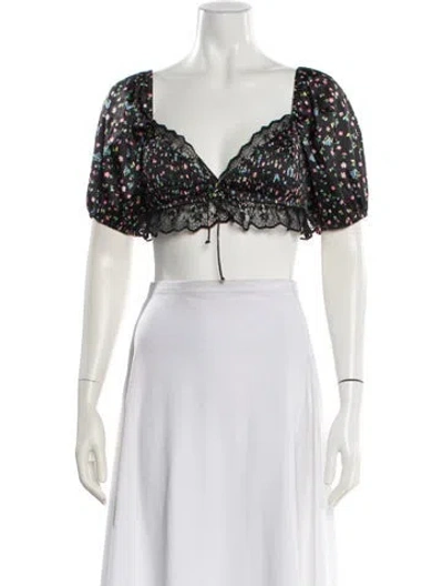 Pre-owned For Love & Lemons Floral Print V-neck Crop Top In Blue