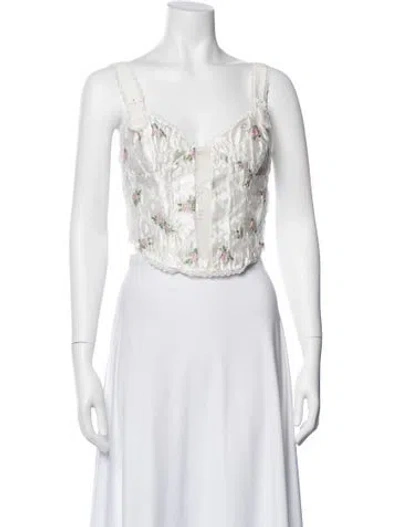 Pre-owned For Love & Lemons Floral Print V-neck Crop Top In Neutral