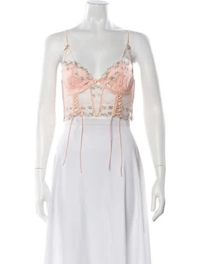 Pre-owned For Love & Lemons Floral Print V-neck Crop Top In Pink