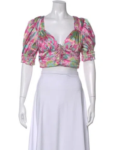 Pre-owned For Love & Lemons Floral Print V-neck Crop Top In Pink