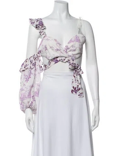 Pre-owned For Love & Lemons Floral Print V-neck Crop Top In Purple