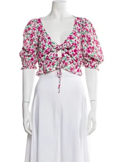 Pre-owned For Love & Lemons Floral Print V-neck Crop Top W/ Tags In Pink