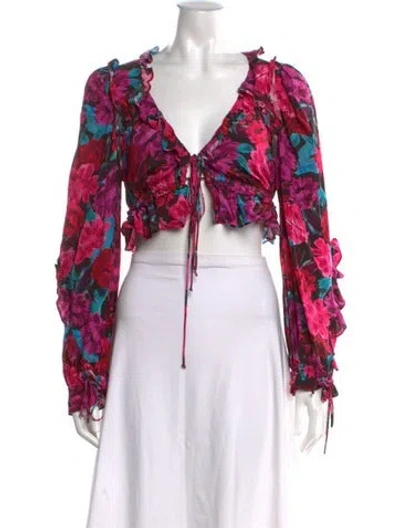 Pre-owned For Love & Lemons Floral Print V-neck Crop Top W/ Tags In Pink