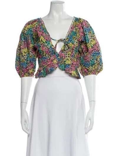 Pre-owned For Love & Lemons Floral Print V-neck Crop Top W/ Tags In Yellow