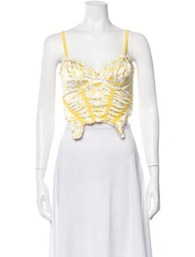 Pre-owned For Love & Lemons Floral Print V-neck Crop Top In White