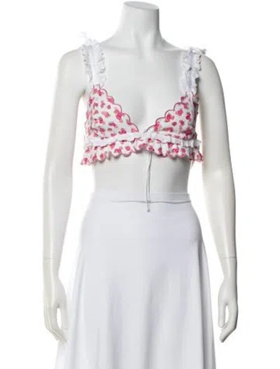 Pre-owned For Love & Lemons Floral Print V-neck Crop Top In White