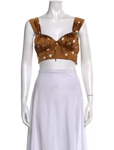 Pre-owned For Love & Lemons Floral Print V-neck Crop Top In White