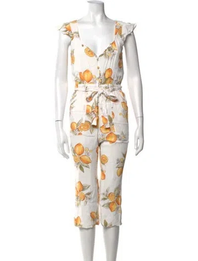 Pre-owned For Love & Lemons Floral Print V-neck Jumpsuit In Orange