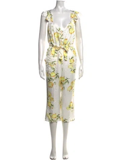 Pre-owned For Love & Lemons Floral Print V-neck Jumpsuit W/ Tags In White