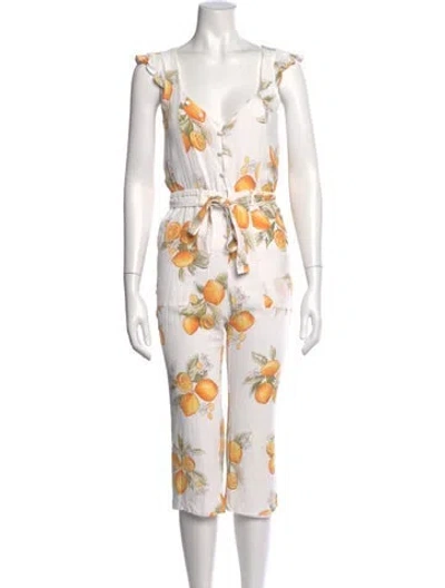 Pre-owned For Love & Lemons Floral Print V-neck Jumpsuit In White