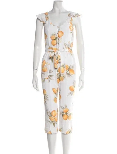 Pre-owned For Love & Lemons Floral Print V-neck Jumpsuit In White