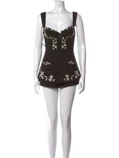 Pre-owned For Love & Lemons Floral Print V-neck Romper In Black