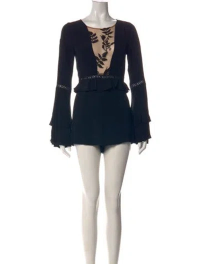 Pre-owned For Love & Lemons Floral Print V-neck Romper In Black