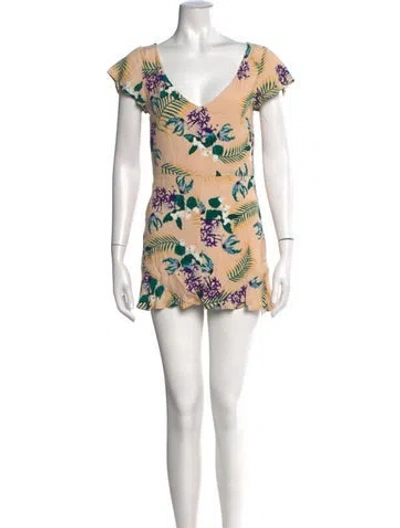 Pre-owned For Love & Lemons Floral Print V-neck Romper In Green/neutrals