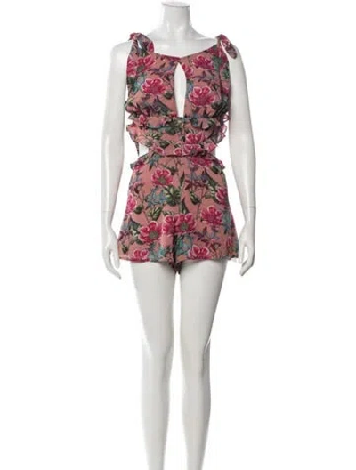 Pre-owned For Love & Lemons Floral Print V-neck Romper In Pink