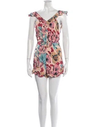 Pre-owned For Love & Lemons Floral Print V-neck Romper In Pink