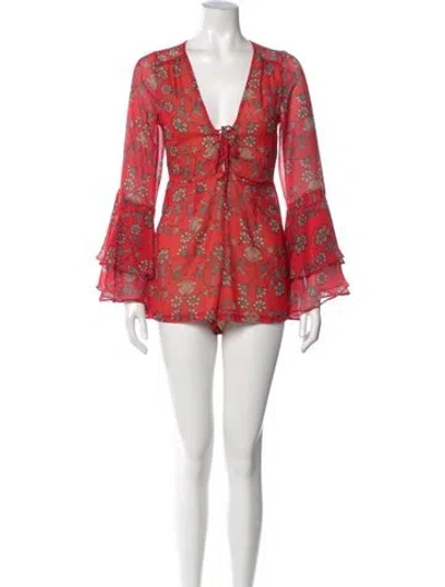 Pre-owned For Love & Lemons Floral Print V-neck Romper In Red