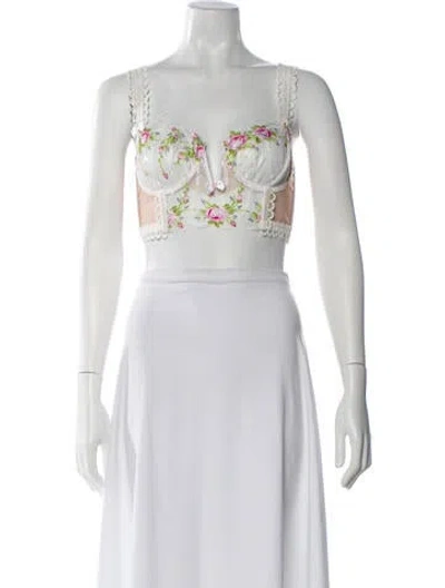 Pre-owned For Love & Lemons Floral Print V-neck Sports Bra W/ Tags In White