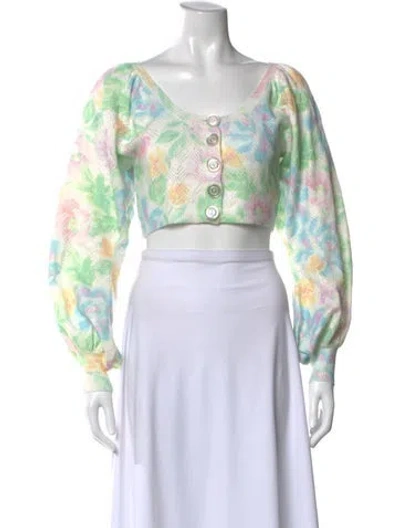 Pre-owned For Love & Lemons Floral Print V-neck Sweater In Green