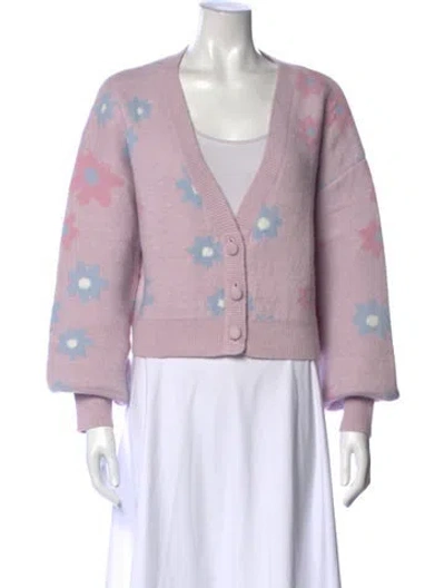 Pre-owned For Love & Lemons Floral Print V-neck Sweater In Pink