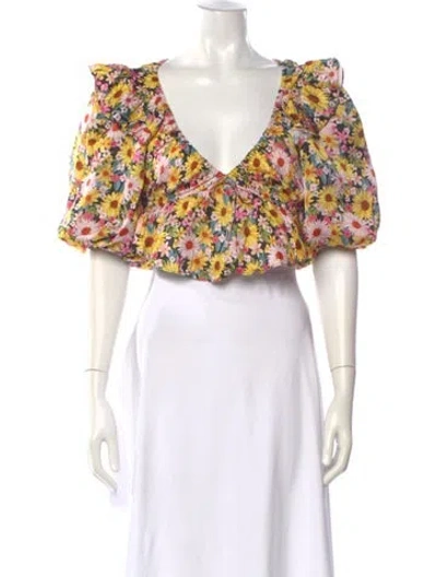 Pre-owned For Love & Lemons Floral Print V-neck Top W/ Tags In Pink