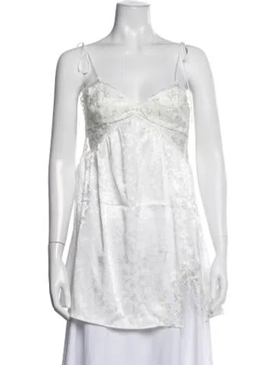 Pre-owned For Love & Lemons Floral Print V-neck Top In White