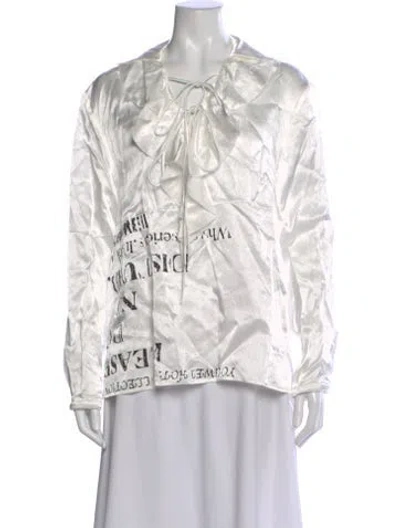 Pre-owned For Love & Lemons Graphic Print Tie Neck Blouse In White