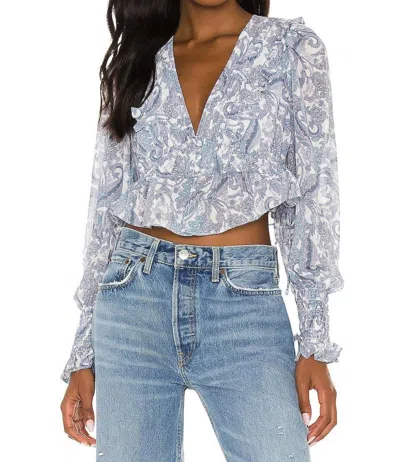 For Love & Lemons Janelle Smocked Elastic Cuffs Top In Grey In Blue