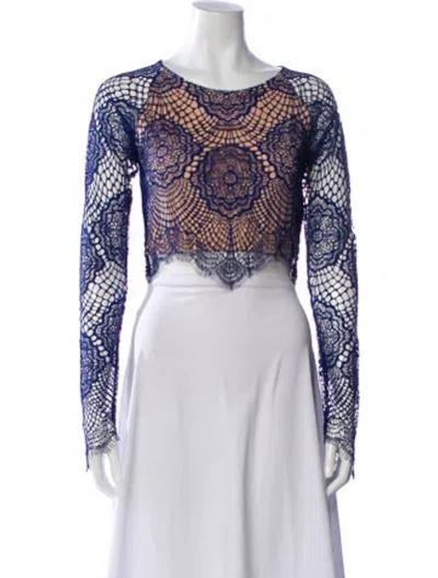 Pre-owned For Love & Lemons Lace Pattern Crew Neck Crop Top In Blue