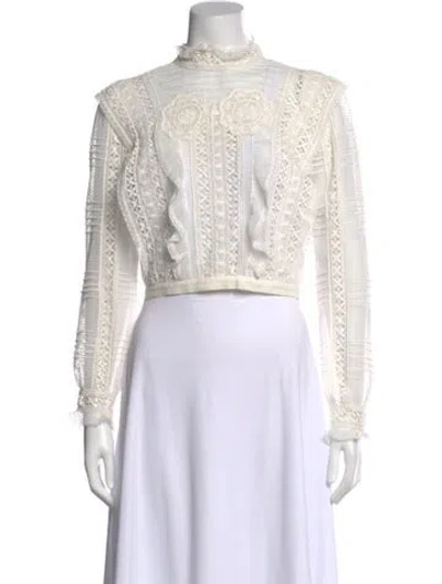 Pre-owned For Love & Lemons Lace Pattern Mock Neck Blouse In Neutral