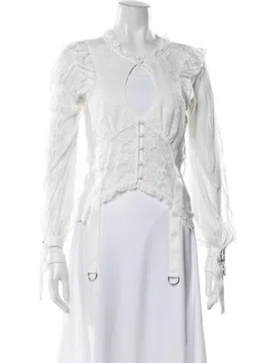 Pre-owned For Love & Lemons Lace Pattern Plunge Neckline Blouse In White