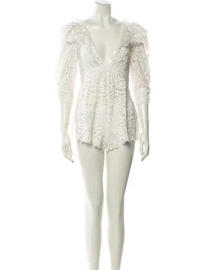 Pre-owned For Love & Lemons Lace Pattern Plunge Neckline Romper In Neutral
